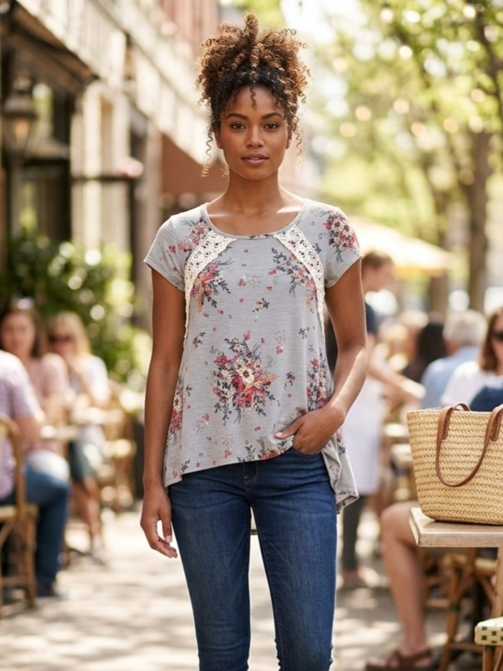 Altar'd State Gray Floral Short Sleeve Boho Crochet Lace Up Back Top Size Medium